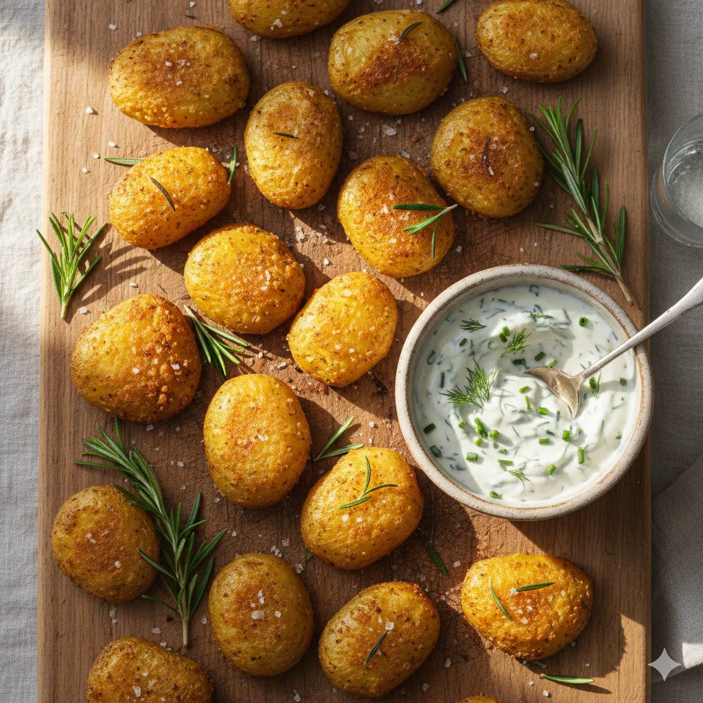 Knusprige Ofenkartoffeln Rezept mit Kräuterdip von oben fotografiert auf Holzbrett