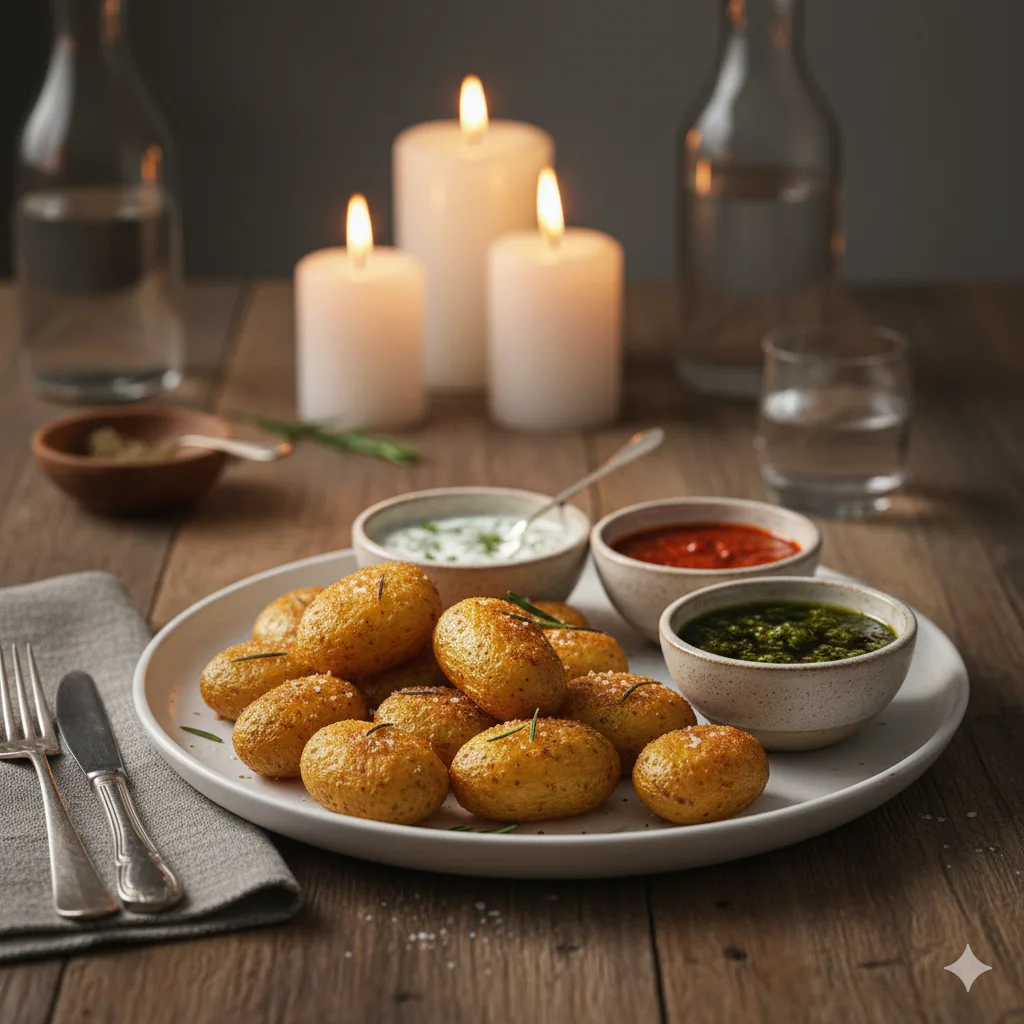 Ofenkartoffeln Rezept serviert mit verschiedenen Dips auf gedecktem Tisch