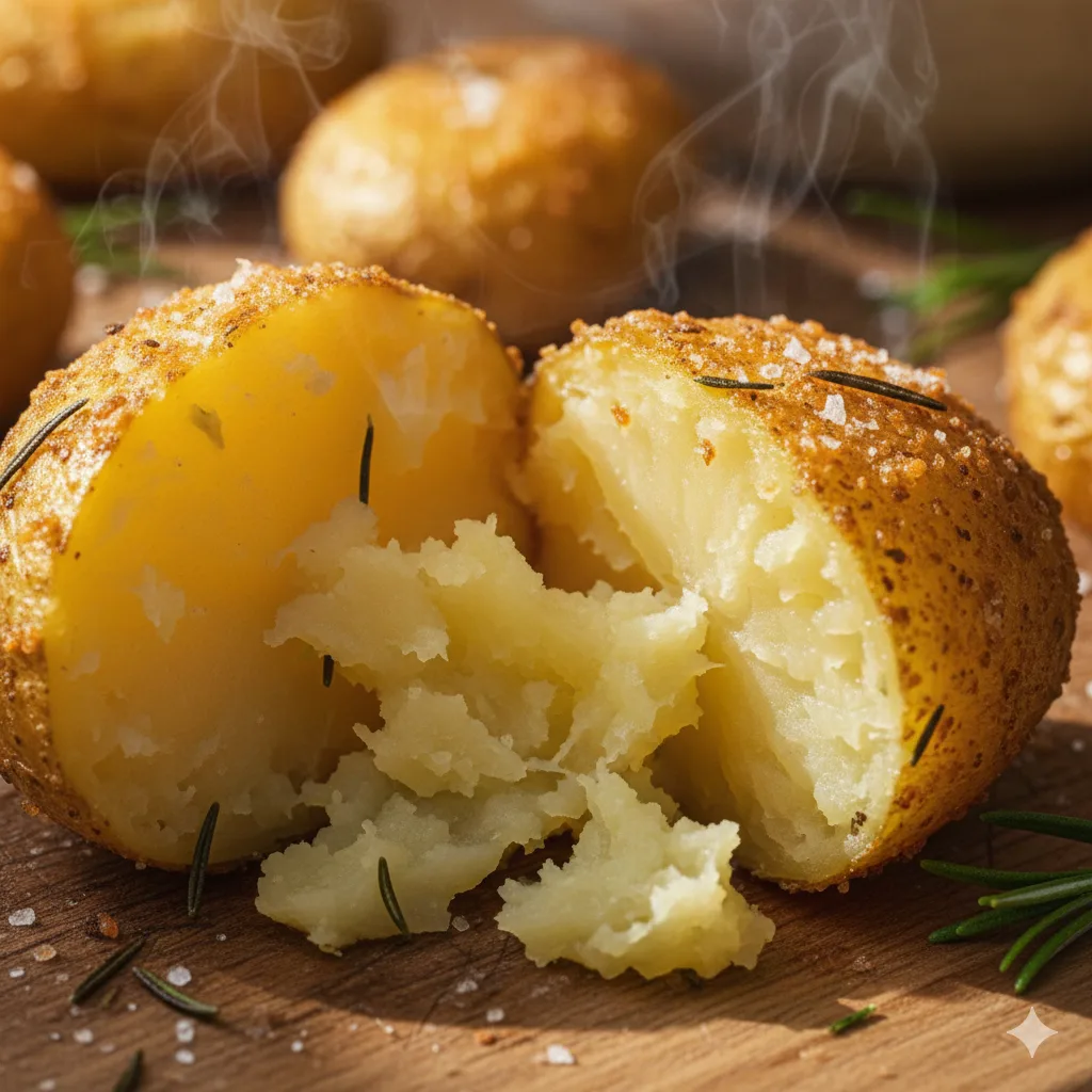 Nahaufnahme knusprige Ofenkartoffel innen weich außen kross