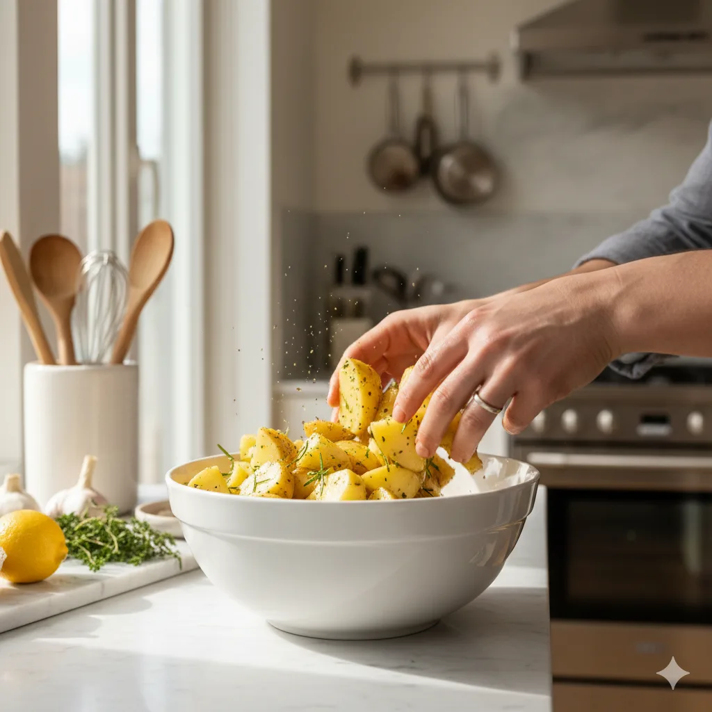 Ofenkartoffeln Rezept Zubereitung Hände mischen Kartoffeln mit Olivenöl