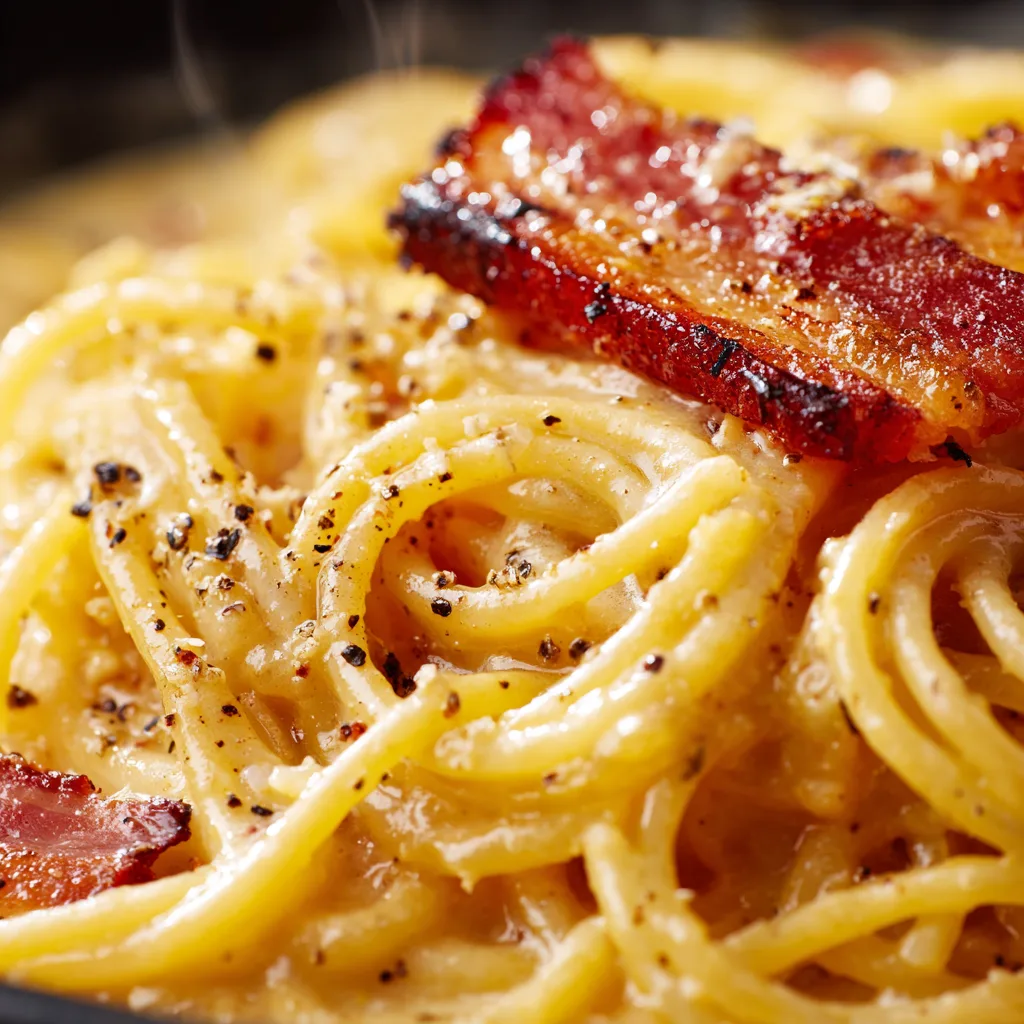 Nahaufnahme Pasta Carbonara Sauce cremig mit Guanciale und schwarzem Pfeffer