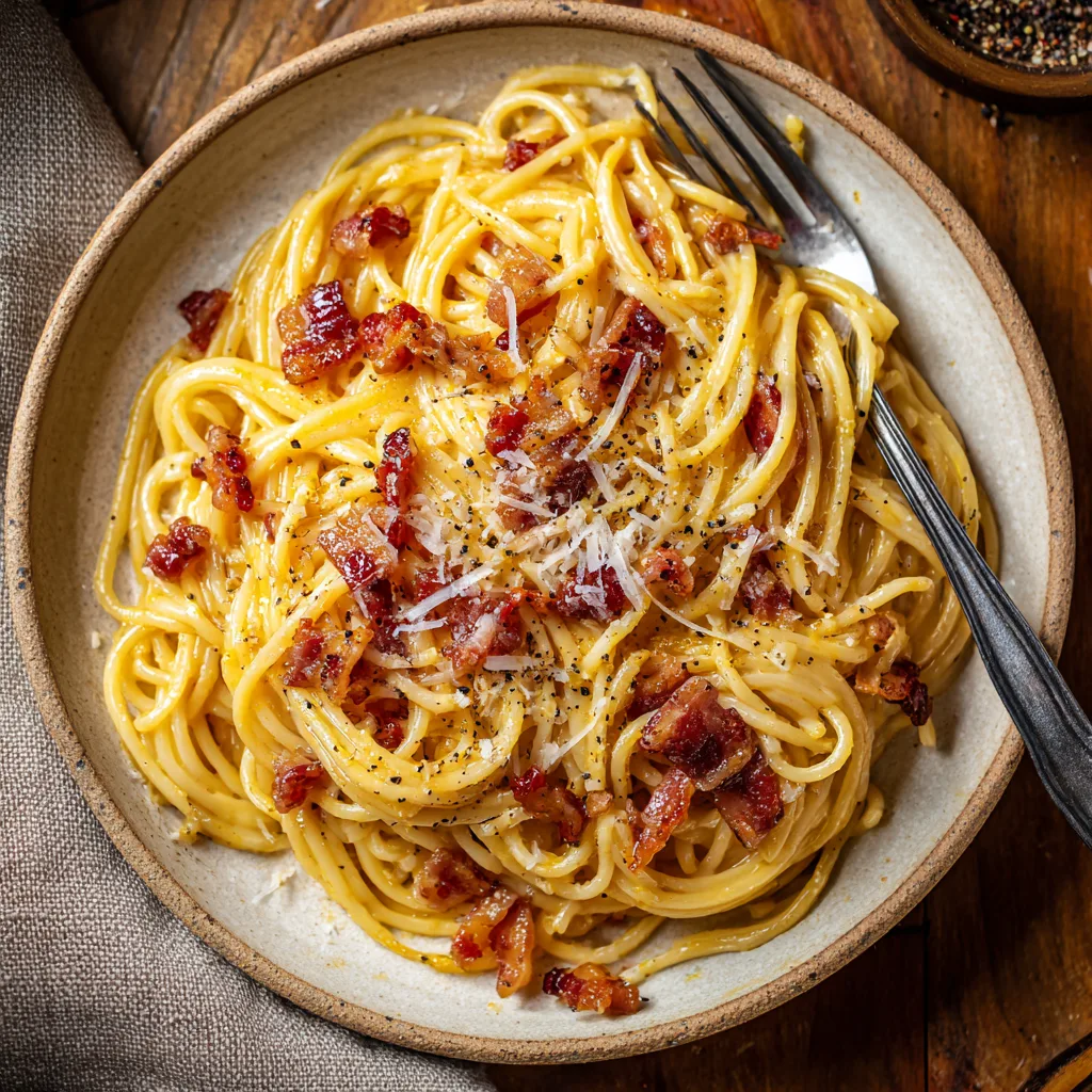 Pasta Carbonara mit cremiger Sauce, Guanciale und Pecorino auf rustikalem Teller