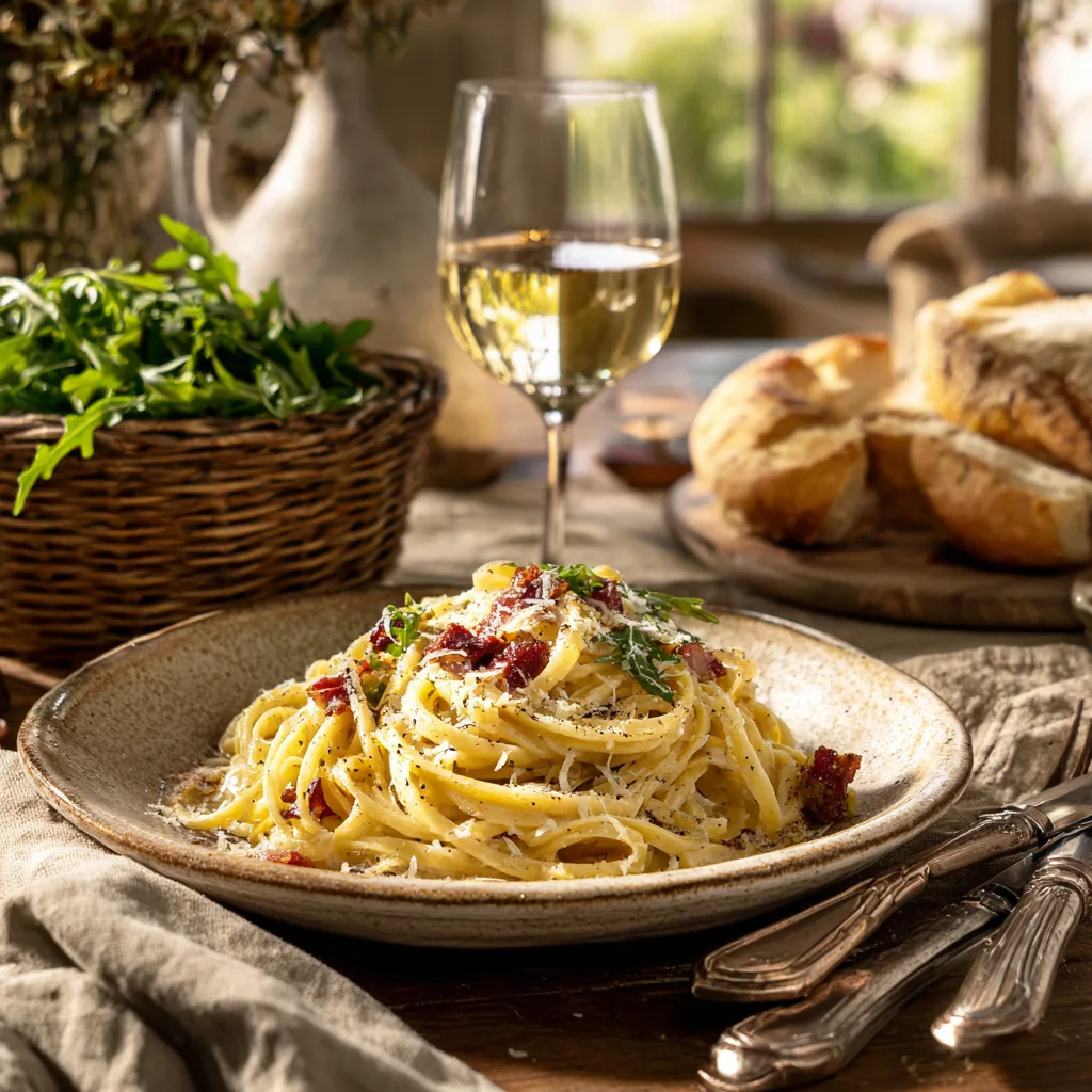 Pasta Carbonara serviert mit Weißwein Brot und Salat elegante Präsentation