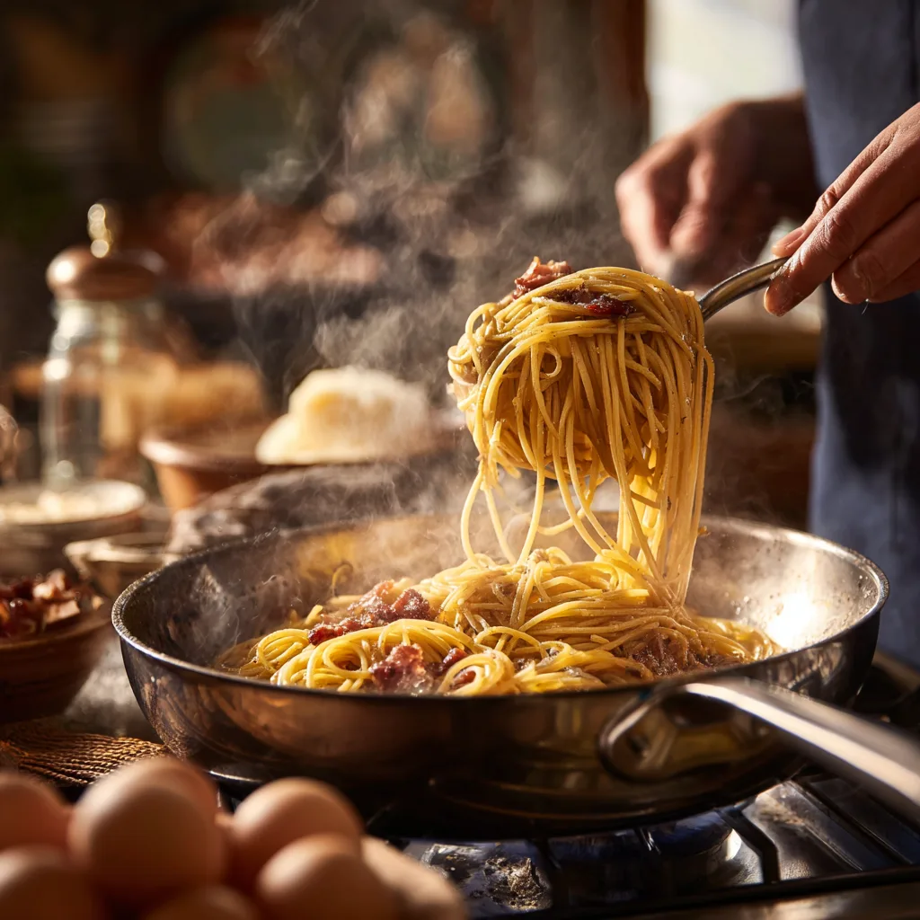 Pasta Carbonara Zubereitung Schwenken der Nudeln in der Pfanne italienische Küche