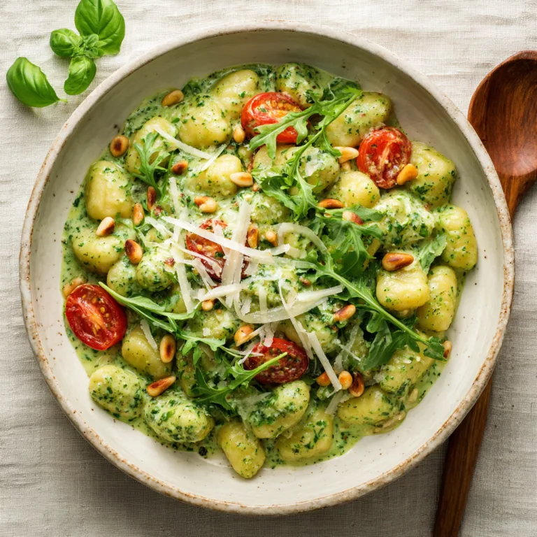Pesto-Gnocchi mit Rucola in cremiger Sauce mit Pinienkernen und Parmesan von oben fotografiert