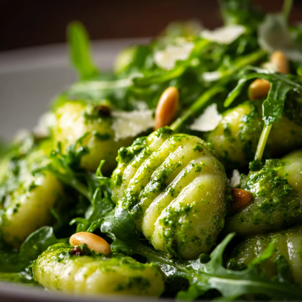 Nahaufnahme von Pesto-Gnocchi mit Rucola zeigt cremige Textur und frische Zutaten