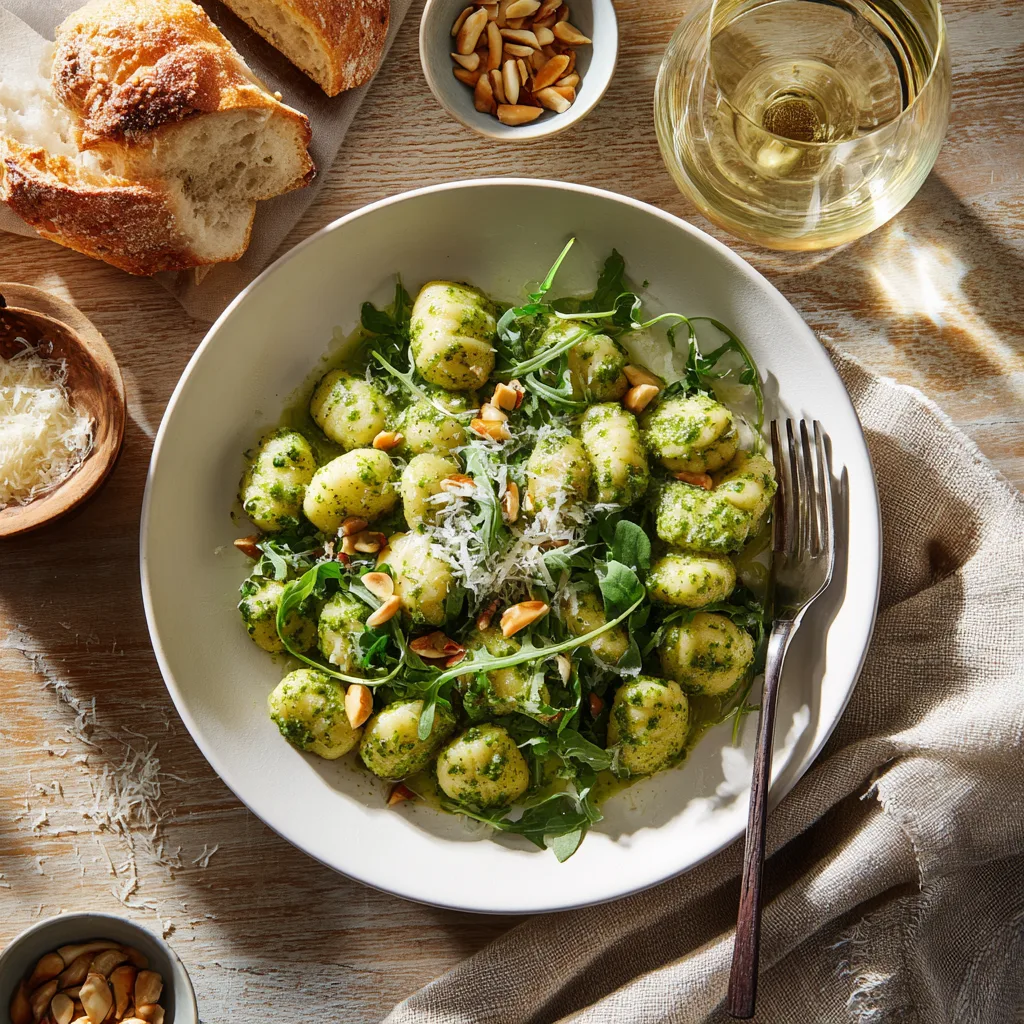 Servierte Pesto-Gnocchi mit Rucola auf gedecktem Tisch mit Weißwein und Brot