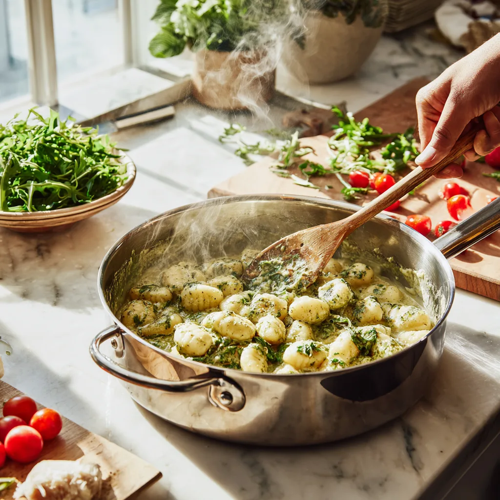 Zubereitung von Pesto-Gnocchi mit Rucola in der Pfanne mit frischen Zutaten