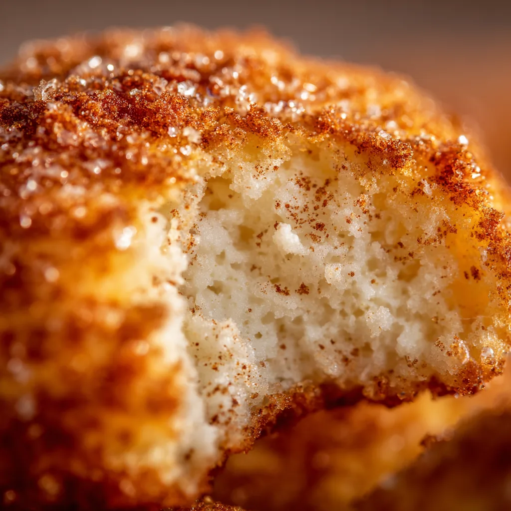 Nahaufnahme Quarkbällchen mit fluffiger Innentextur und knuspriger Kruste