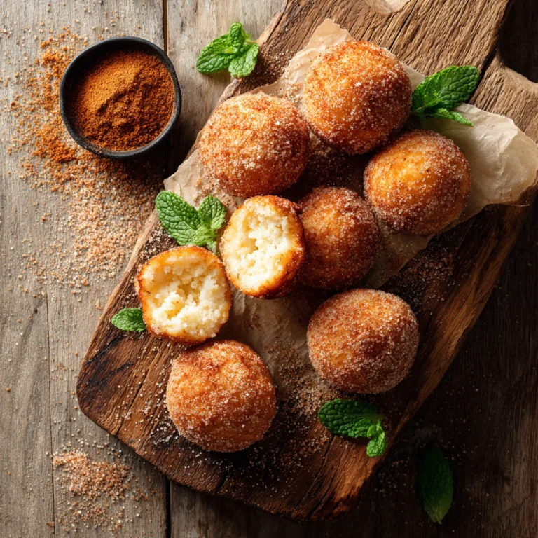 Goldbraune Quarkbällchen auf Holzbrett mit Zimt-Zucker, von oben fotografiert