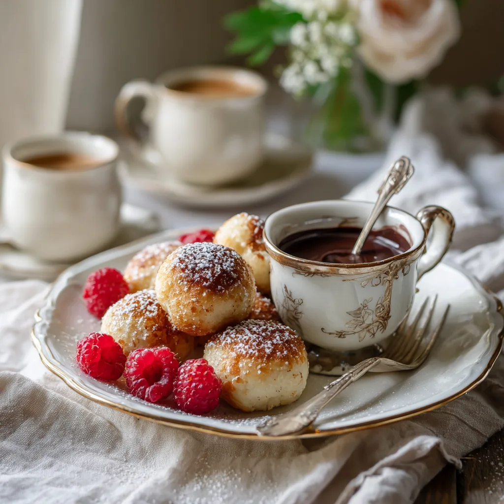 Quarkbällchen servieren mit Schokoladensauce und frischen Beeren als Dessert