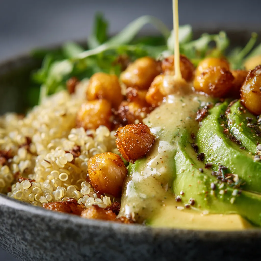 Nahaufnahme Quinoa Bowl mit Avocado – Details von Quinoa-Körnern, cremiger Avocado und knusprigen Kichererbsen