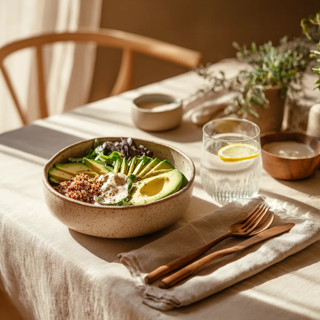 Servierte Quinoa Bowl mit Avocado auf gedecktem Tisch – perfekt angerichtetes veganes Hauptgericht
