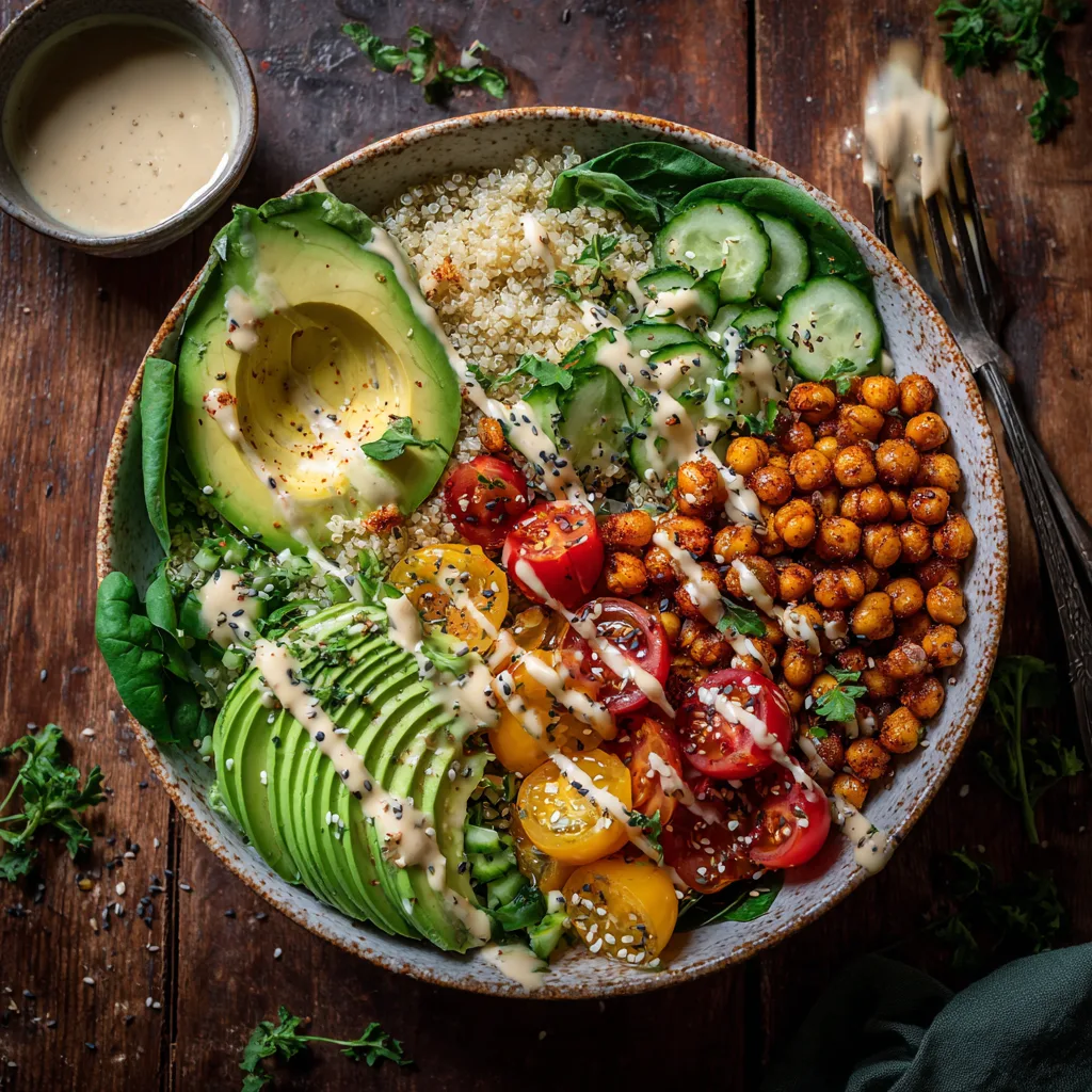 Quinoa Bowl mit Avocado – Draufsicht auf veganes Rezept mit frischem Gemüse, Kichererbsen und Tahini-Dressing