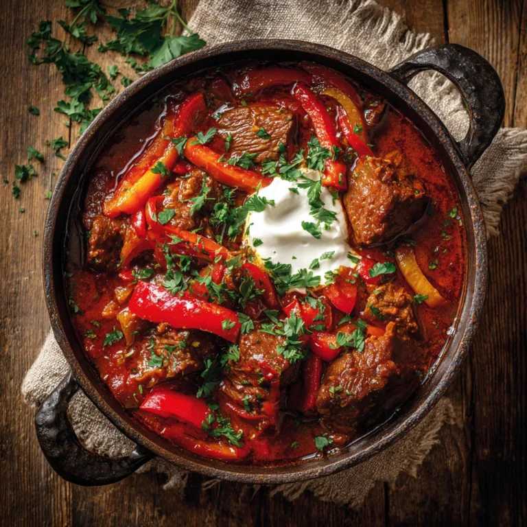 Rindergulasch mit Paprika in gusseisernem Topf von oben fotografiert mit saurer Sahne und Petersilie