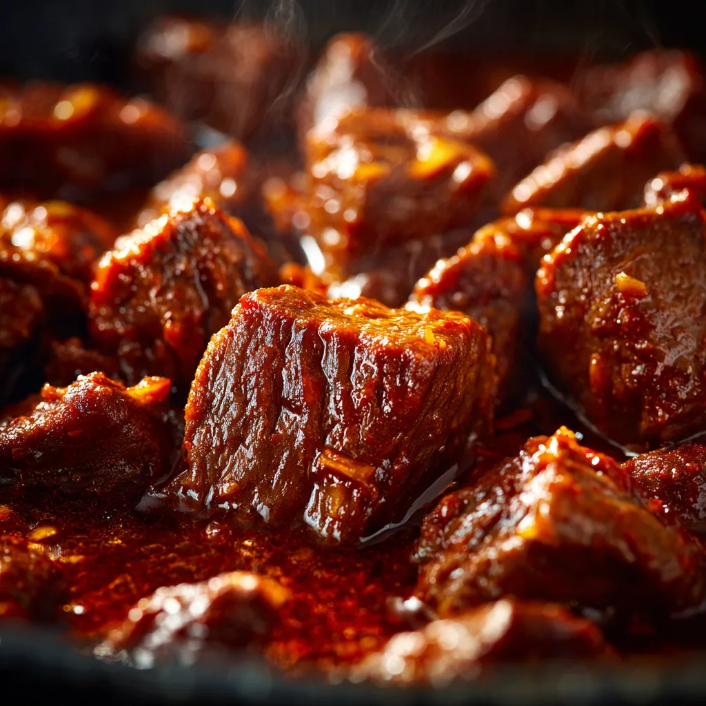 Nahaufnahme von zartem Rindergulasch mit Paprika zeigt saftige Fleischtextur in würziger Sauce