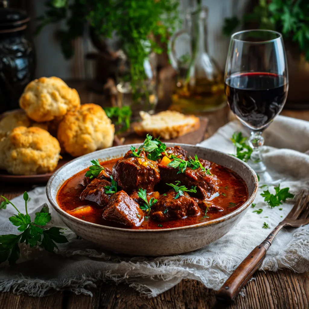 Serviertes Rindergulasch mit Paprika auf gedecktem Tisch mit Semmelknödeln und Rotwein