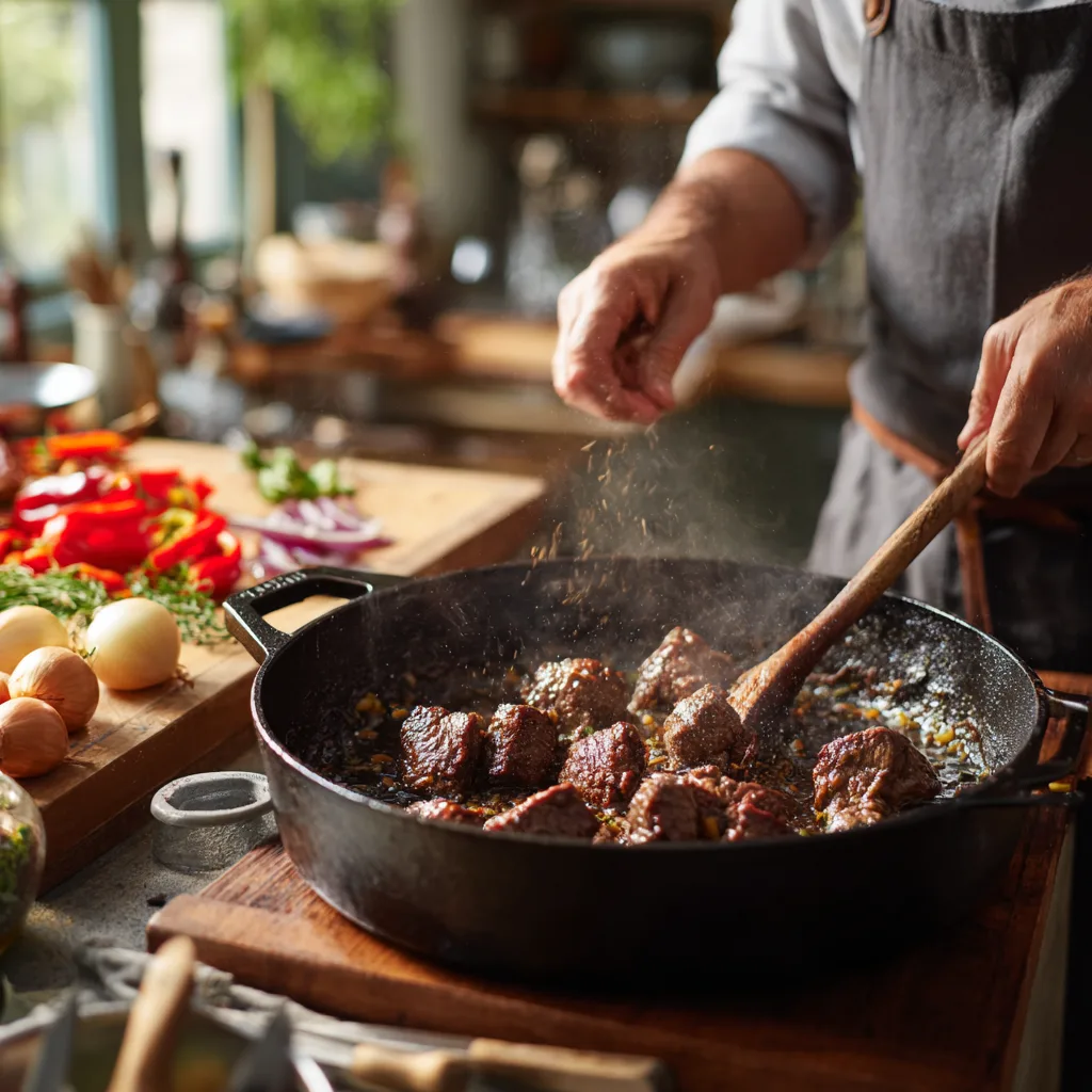 Rindergulasch mit Paprika Zubereitung – Fleisch wird in großem Topf angebraten
