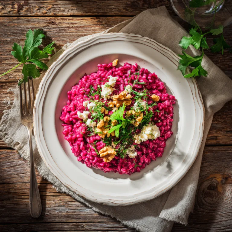Cremiges Rote-Bete-Risotto von oben auf weißem Teller serviert mit Ziegenkäse und Walnüssen