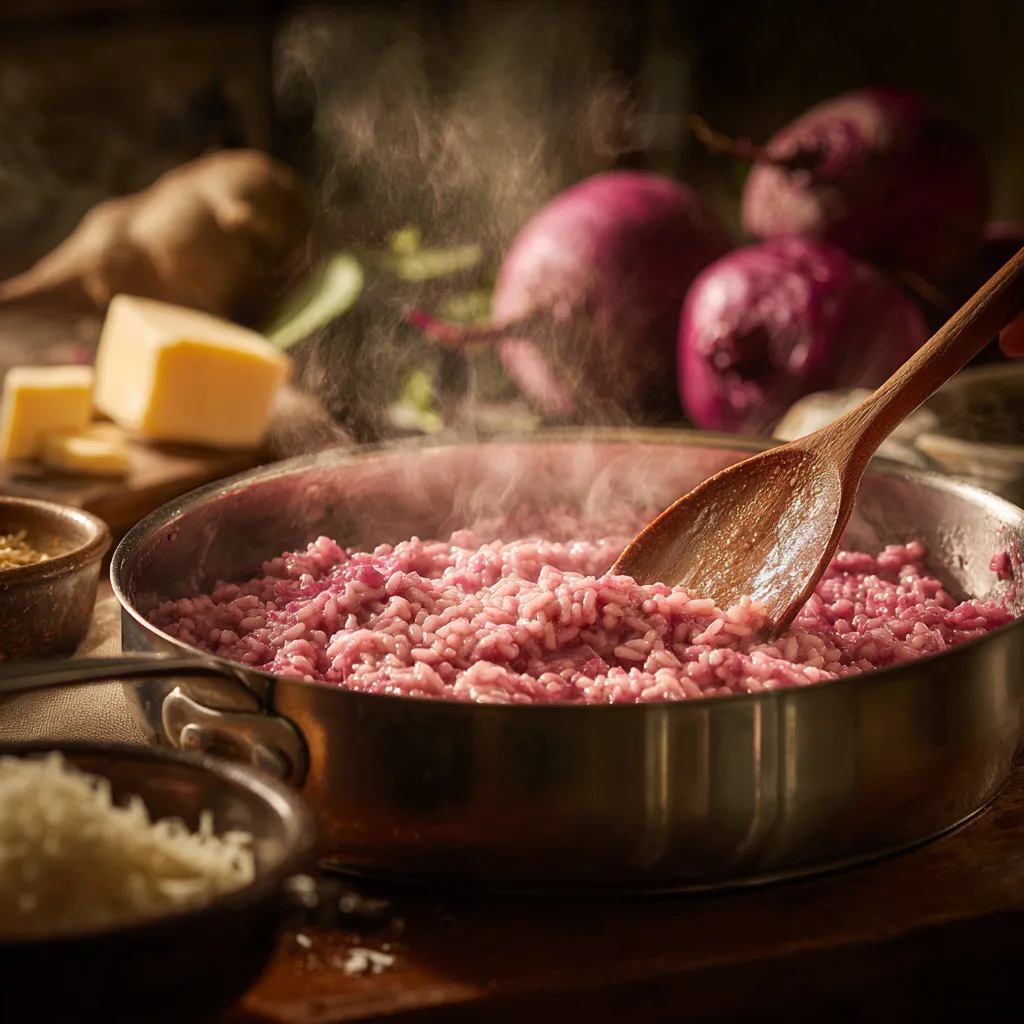 Rote-Bete-Risotto beim Kochen in der Pfanne mit Holzlöffel rühren