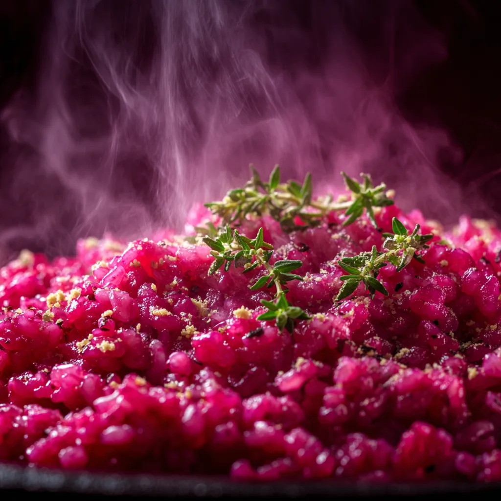 Nahaufnahme von cremigem Rote-Bete-Risotto mit perfekter Konsistenz und Parmesan