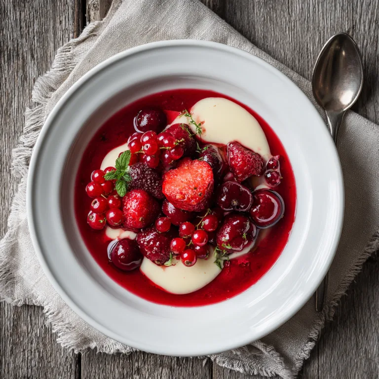 Rote Grütze Rezept mit frischen Beeren und Vanillesauce in weißer Schale