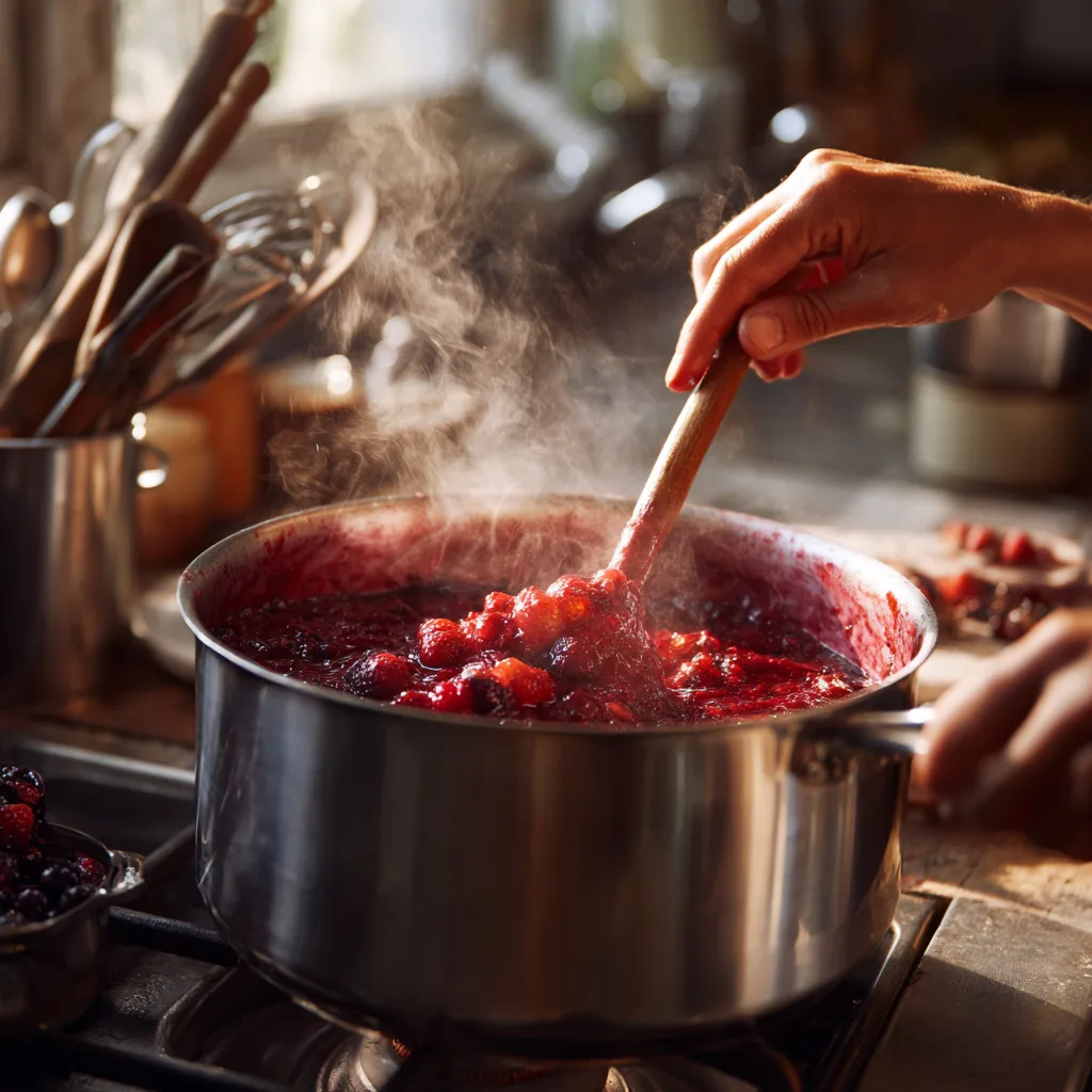 Rote Grütze kochen – Beeren werden im Topf gerührt