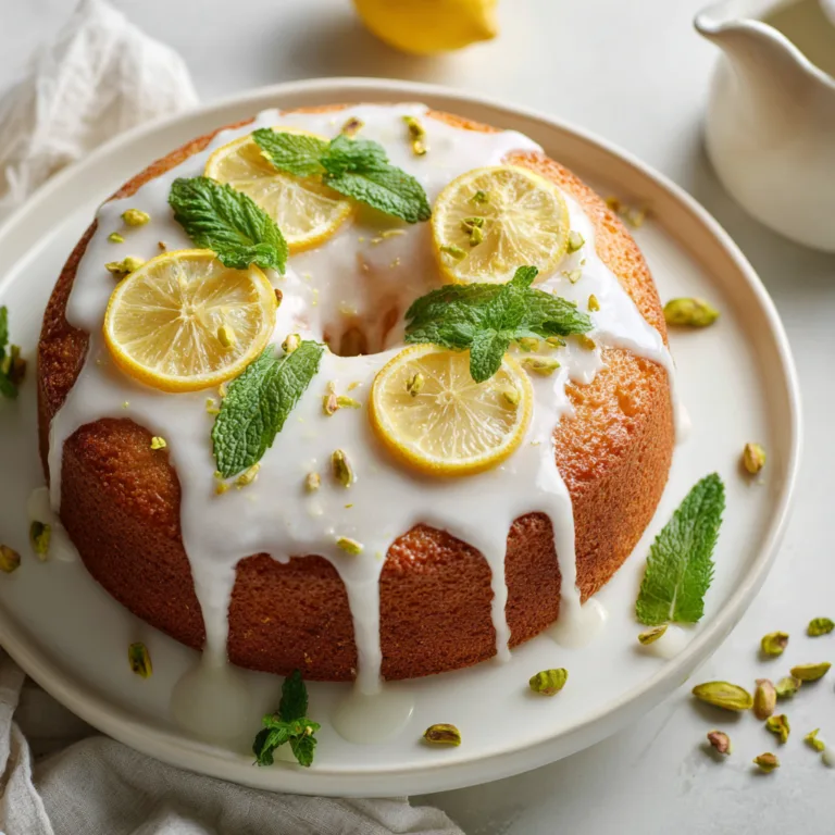 Saftiger Zitronenkuchen mit Glasur und Zitronenscheiben auf weißem Kuchenständer