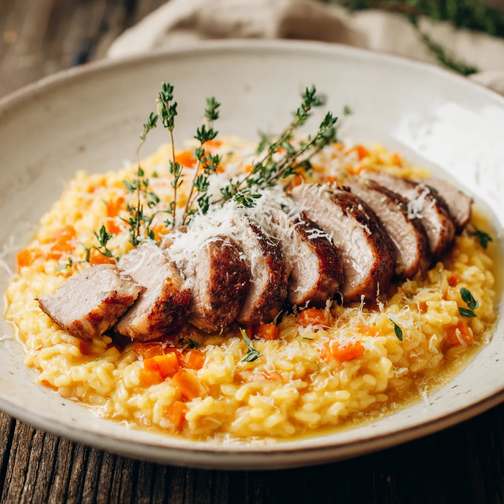 Schweinefilet mit Möhren-Risotto auf weißem Teller von oben fotografiert mit frischen Kräutern