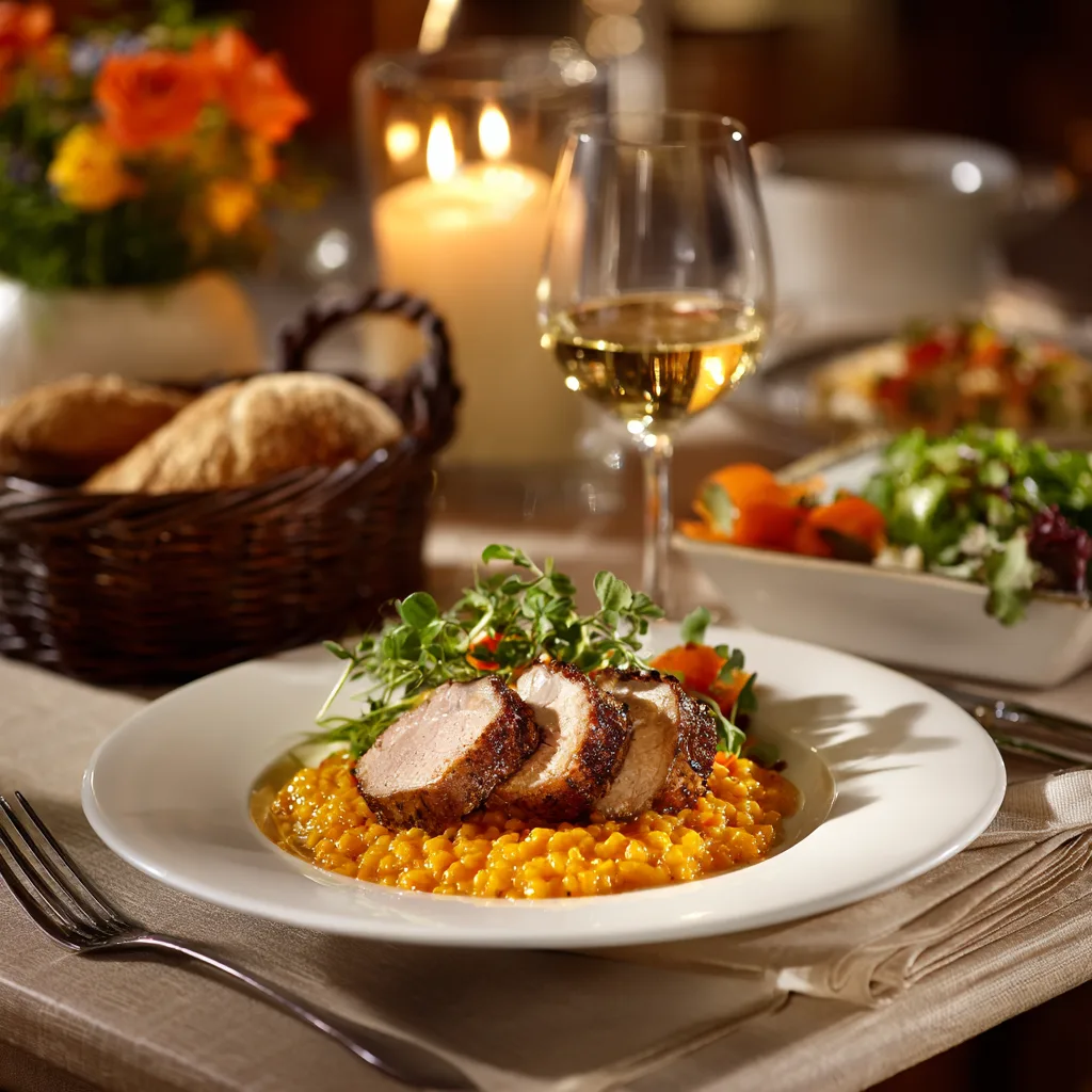 Elegant serviertes Schweinefilet mit Möhren-Risotto auf gedecktem Tisch