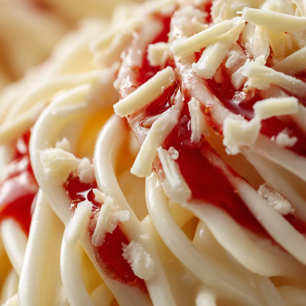 Spaghettieis Nahaufnahme Textur Detail Vanilleeis Stränge mit Erdbeersauce