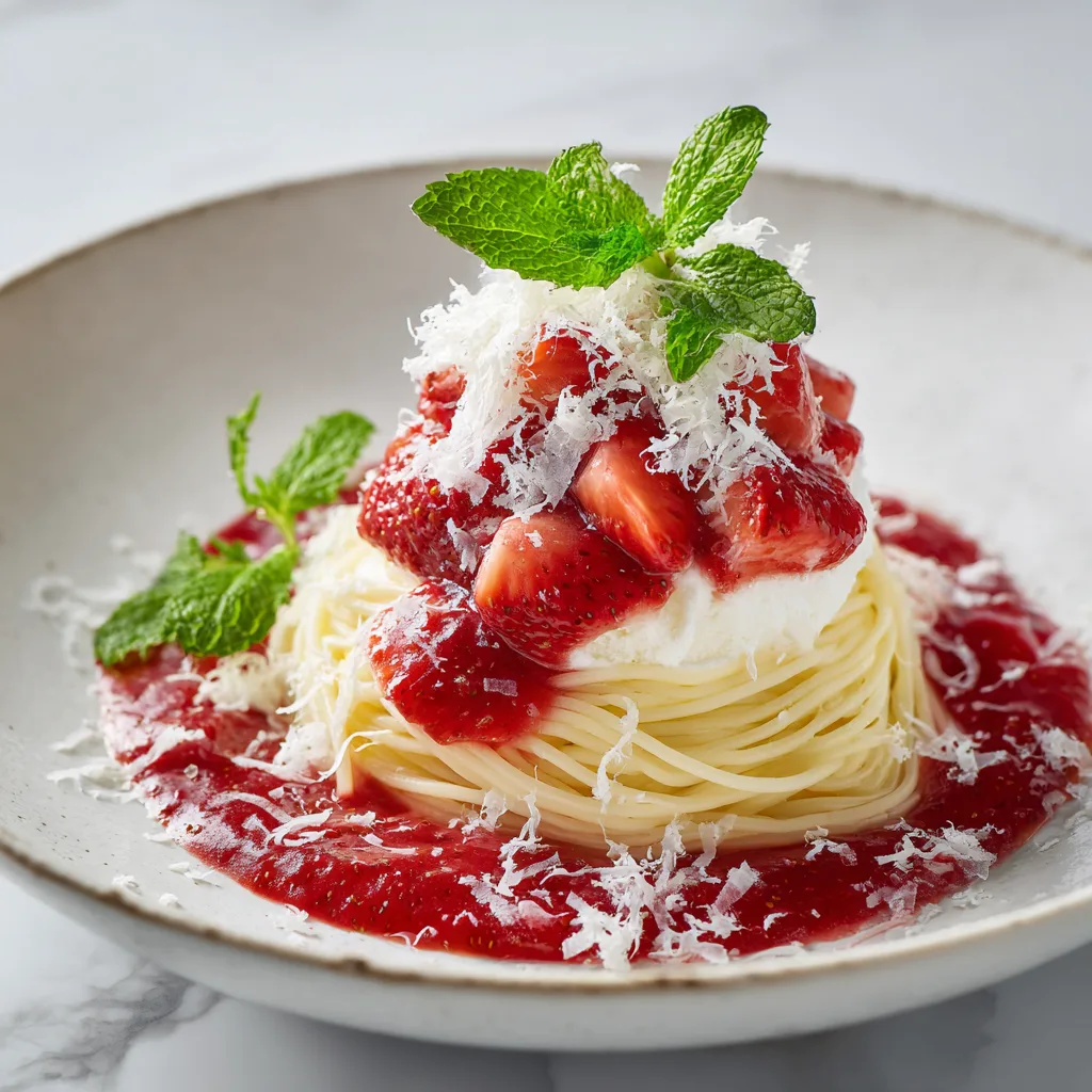 Spaghettieis Rezept Draufsicht mit Vanilleeis Erdbeersauce und weißer Schokolade auf weißem Teller