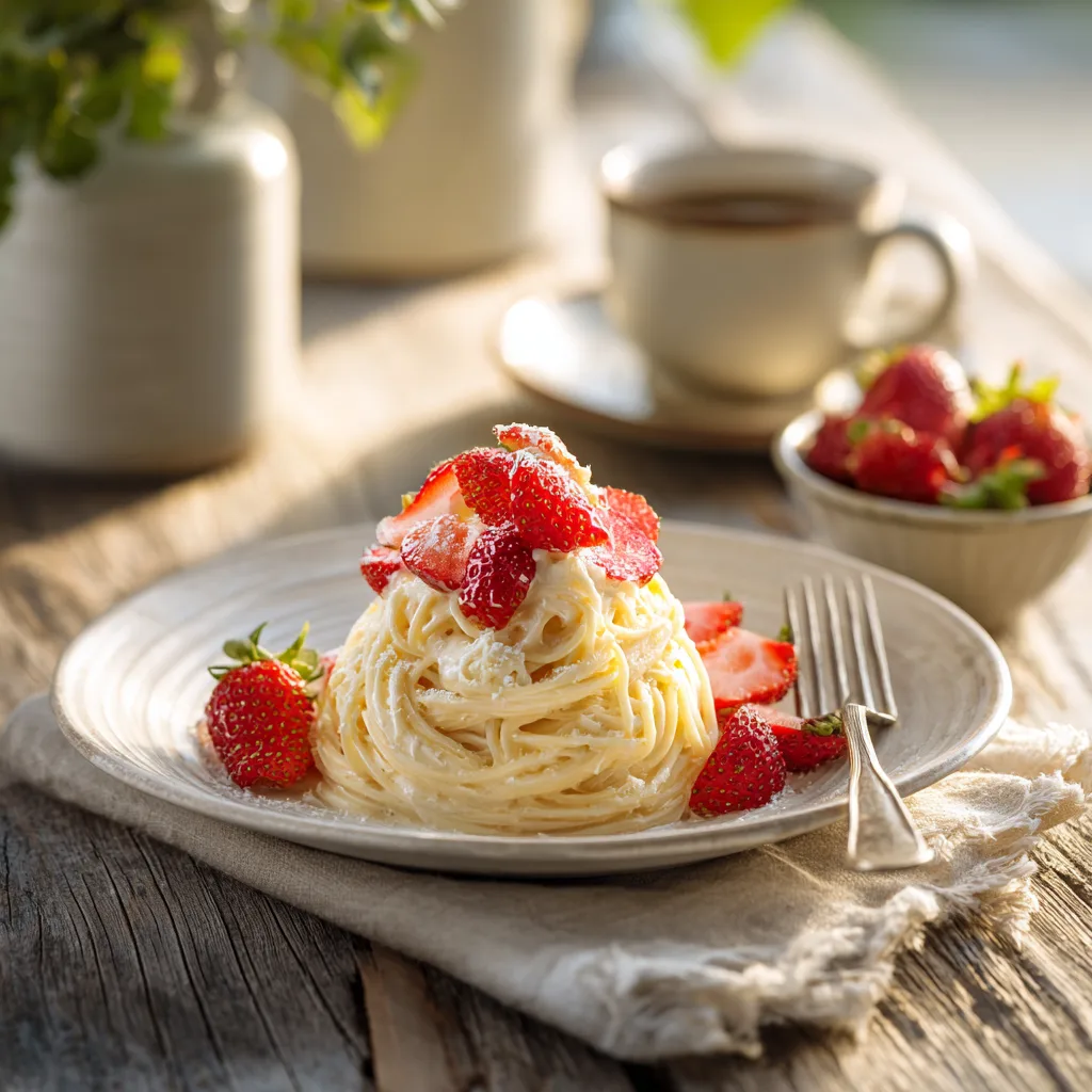 Spaghettieis servieren Präsentation Dessert Tisch mit frischen Erdbeeren