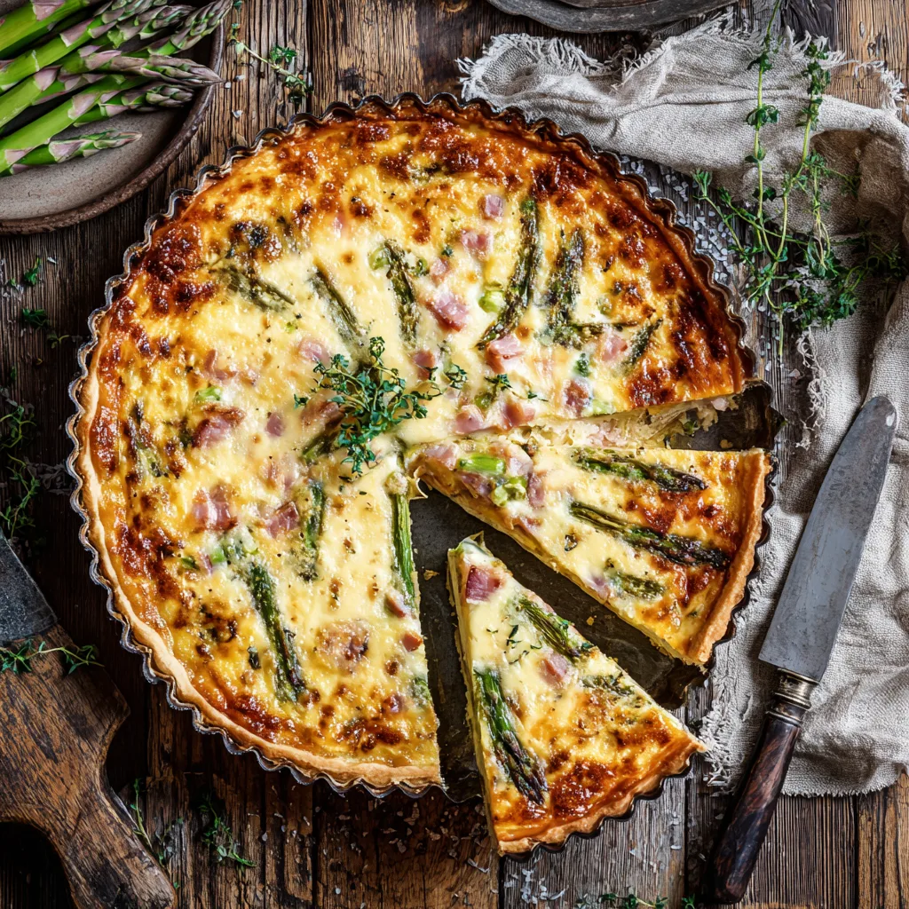 Spargel-Schinken-Quiche von oben auf rustikalem Holztisch mit frischem Spargel