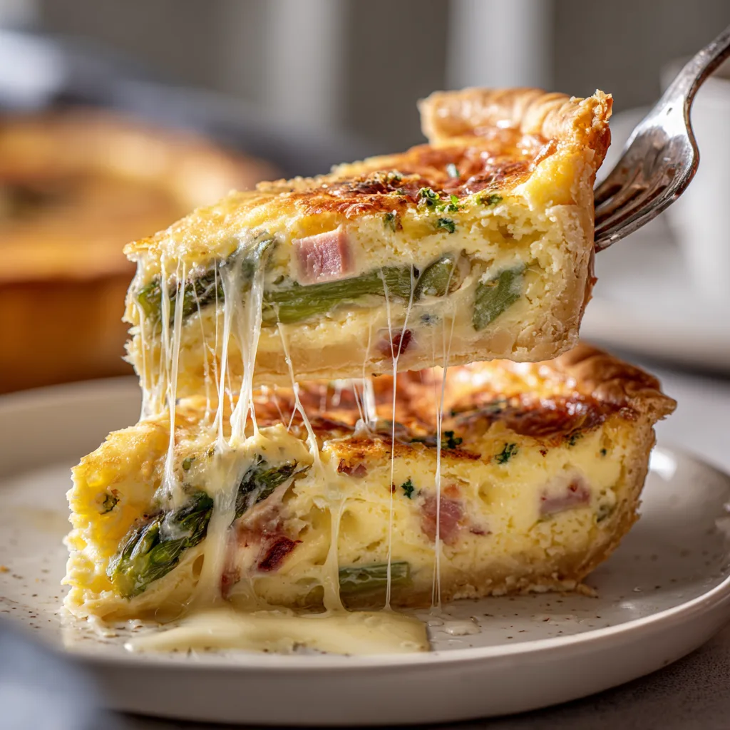 Nahaufnahme eines Stücks Spargel-Schinken-Quiche mit sichtbarer Textur und Füllung