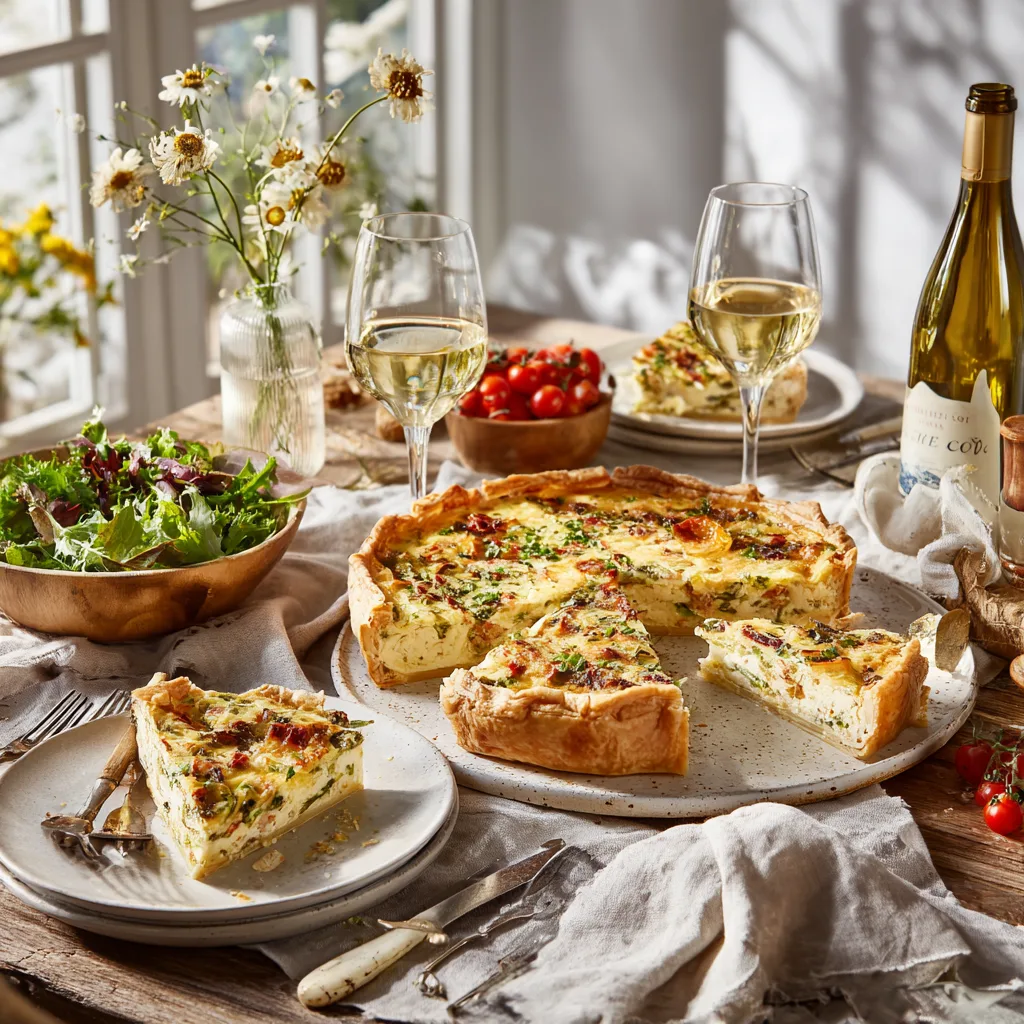 Servierte Spargel-Schinken-Quiche auf festlich gedecktem Tisch mit Beilagen