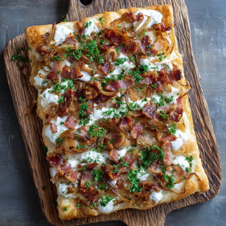 Frisch gebackener Speckkuchen mit knusprigem Speck und Zwiebeln auf Hefeteig