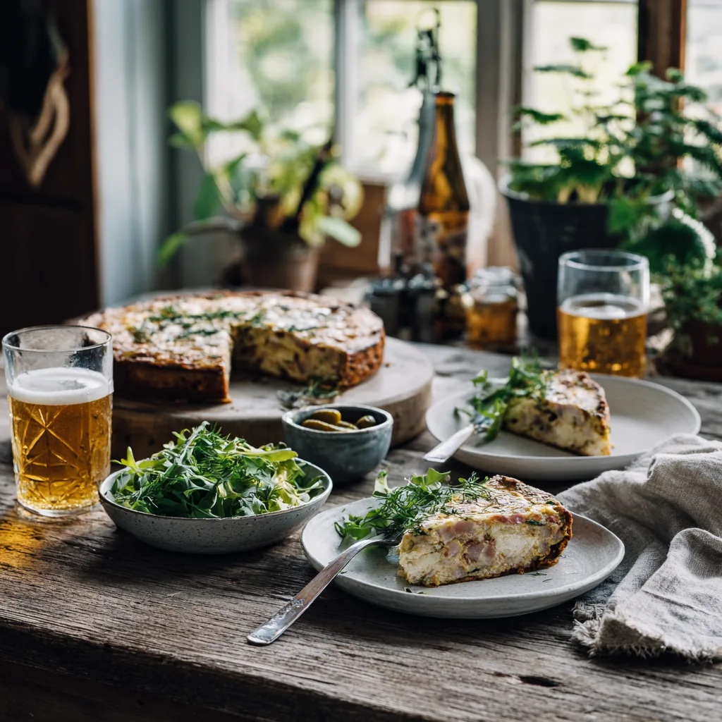 Servierter Speckkuchen mit frischem Salat und Beilagen auf gedecktem Tisch