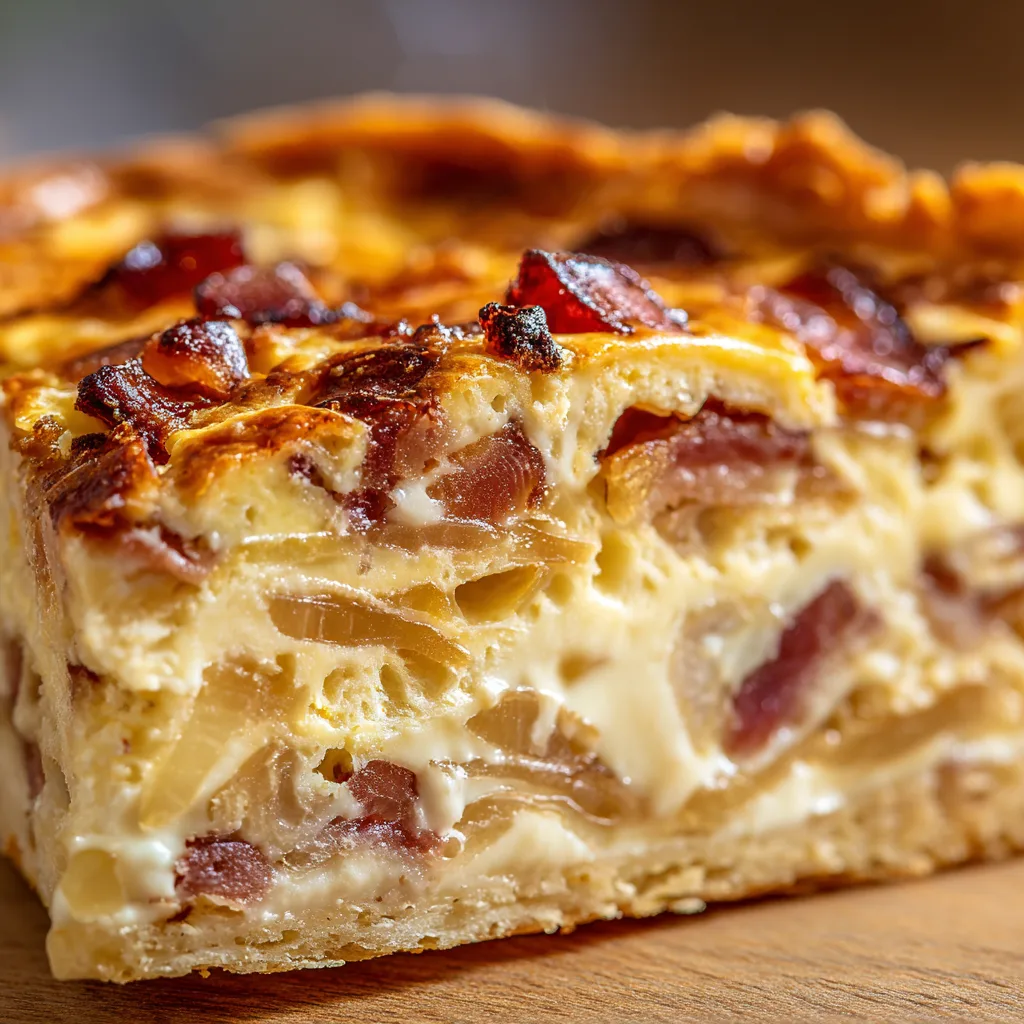 Nahaufnahme eines Speckkuchen-Stücks mit sichtbarer Schichtung und Textur