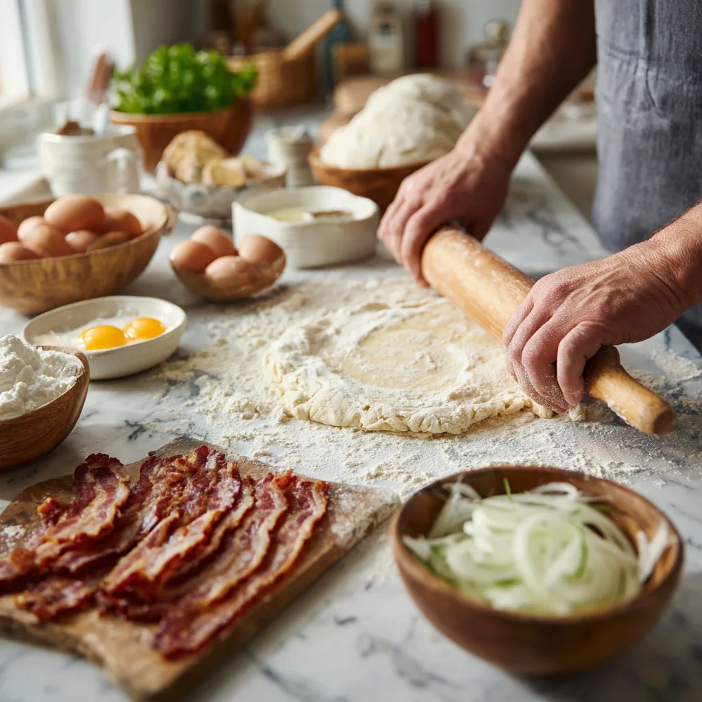 Speckkuchen Zubereitung – Hefeteig wird für den Belag vorbereitet