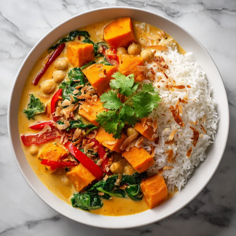 Süßkartoffel-Curry in weißer Schüssel mit Basmatireis, garniert mit frischem Koriander und Kokosraspeln