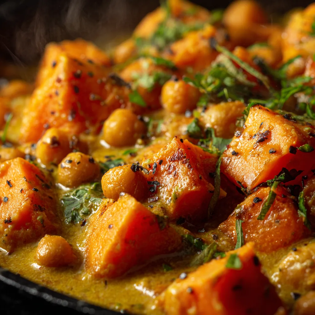 Nahaufnahme Süßkartoffel-Curry Textur cremige Kokosmilch Sauce mit Gewürzen