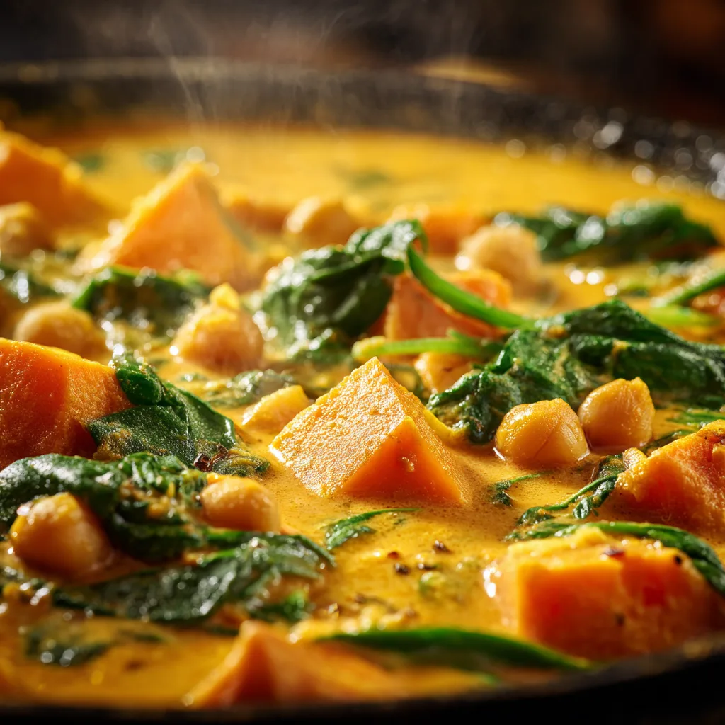 Nahaufnahme von Süßkartoffel-Curry zeigt cremige Textur mit Kichererbsen und Gewürzen