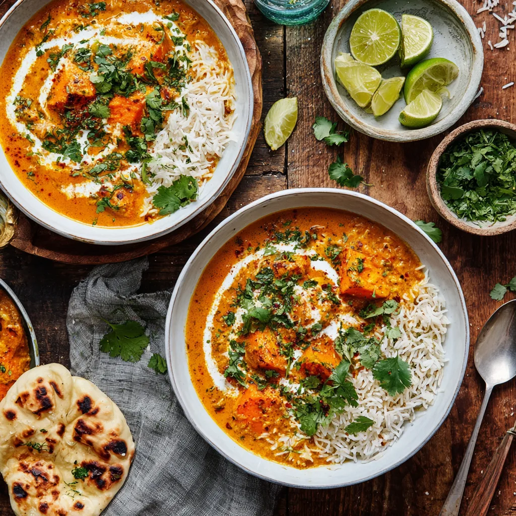 Süßkartoffel-Curry servieren mit Reis und Naan Brot elegant angerichtet
