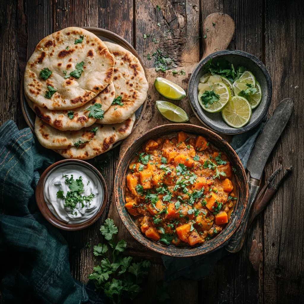 Süßkartoffel-Curry auf gedecktem Tisch mit Naan-Brot, Limetten und Kokosjoghurt