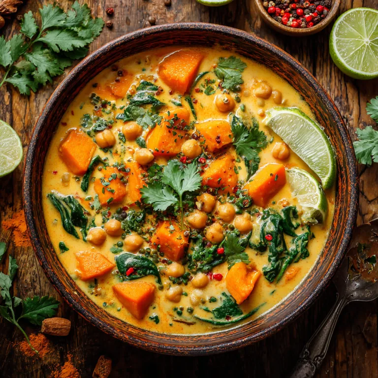 Süßkartoffel-Curry vegan cremig mit Kichererbsen und Kokosmilch in rustikaler Schüssel