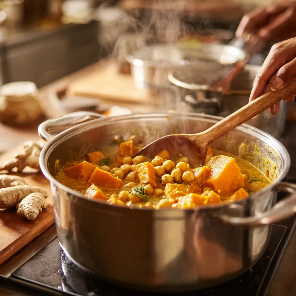 Süßkartoffel-Curry Zubereitung kochen in Topf mit frischen Zutaten Schritt für Schritt