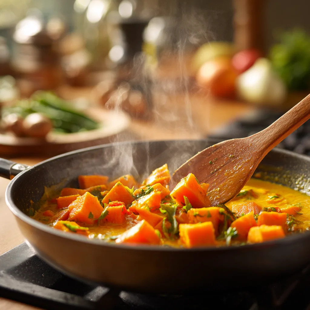 Süßkartoffel-Curry wird in Pfanne zubereitet, Kochlöffel rührt cremige Sauce