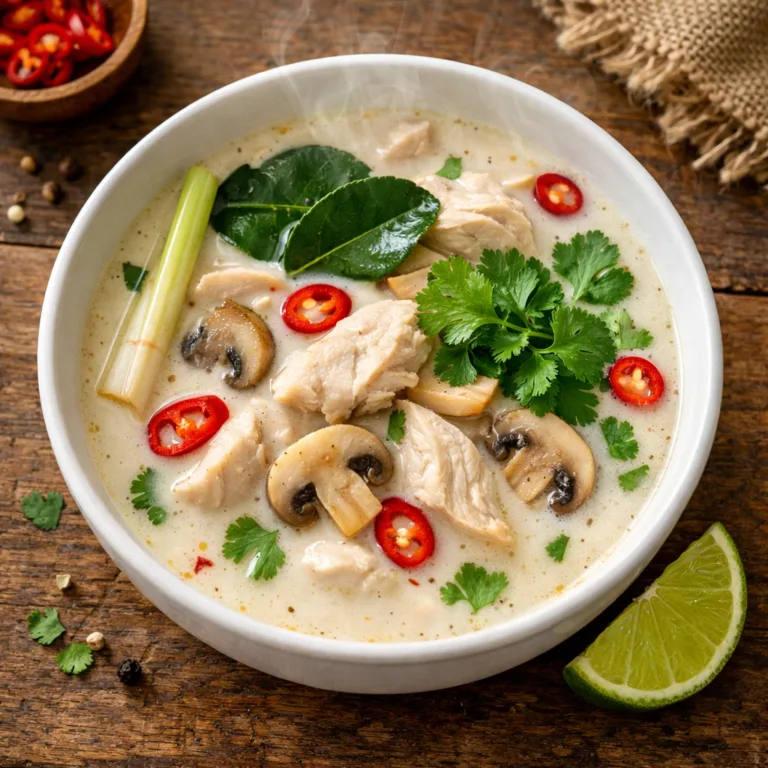 Thai-Kokos-Suppe mit Hühnchen, Champignons und frischem Koriander in weißer Schale von oben fotografiert