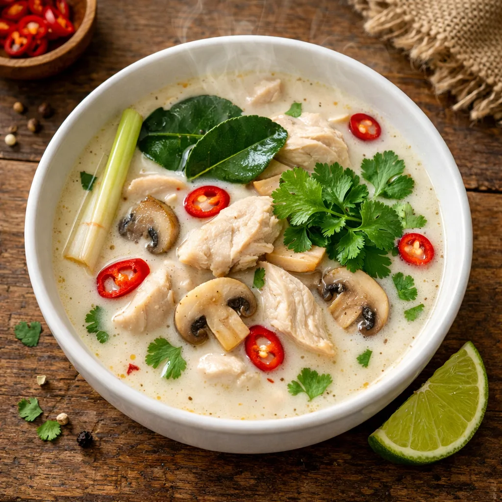 Thai-Kokos-Suppe mit Hühnchen, Champignons und frischem Koriander in weißer Schale von oben fotografiert